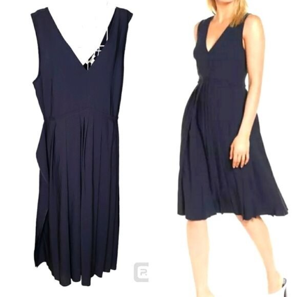 Lewit Sleeveless Navy Night Pleated Fit & Flare V Neck Dress Size 14 - Picture 1 of 7